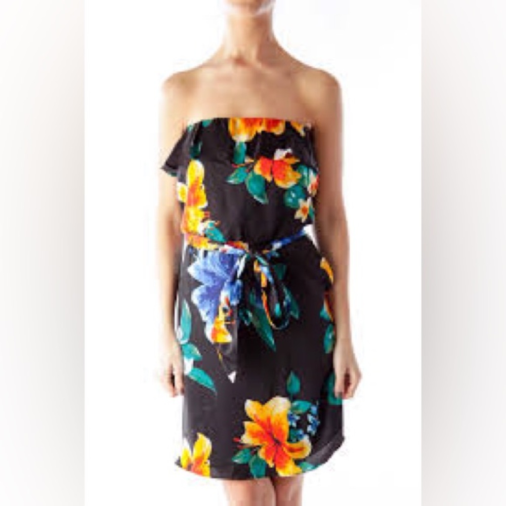 WHBM Black Strapless Ruffle Tropical Floral Ruffle‎ Mini Dress Size XS Cruise